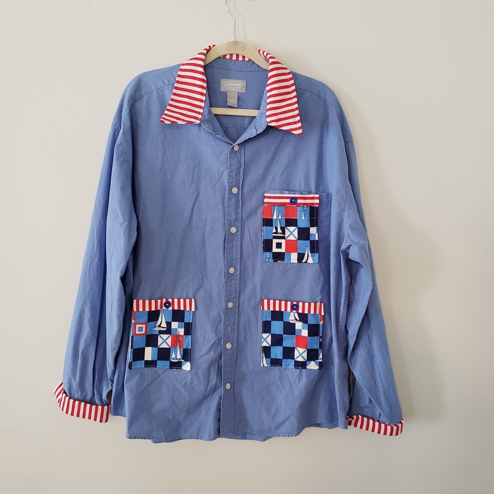 Old Navy Upcycled Nautical Button Up Shirt XL Coastal New England Summer Women